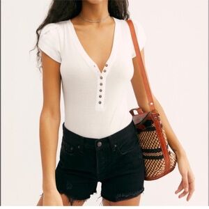 Free People Mia Tulip Puff Sleeve Button Detail White Bodysuit Top Sz XS